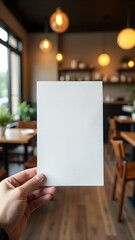 Blank white sheet of paper in hand in cozy cafe with warm lighting
