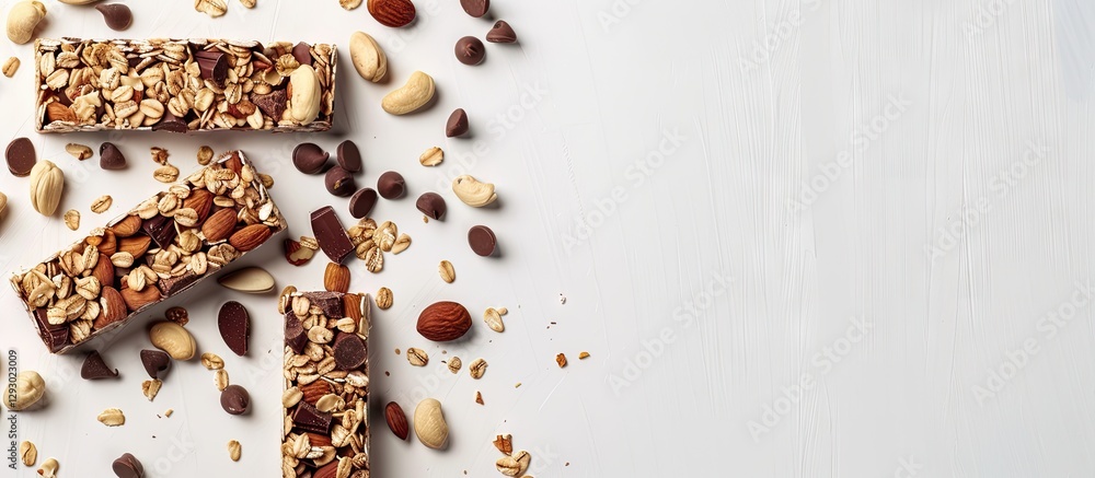 Poster Muesli bars with nuts and dark chocolate arranged on a white surface with scattered nuts and ample copy space for branding or labeling