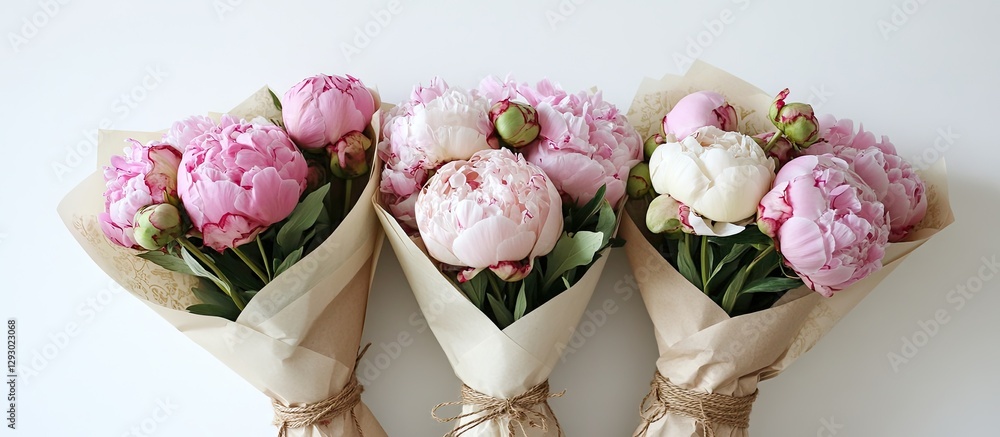 Poster elegant bouquets of pink peonies wrapped in kraft paper arranged neatly in a row with fresh green le
