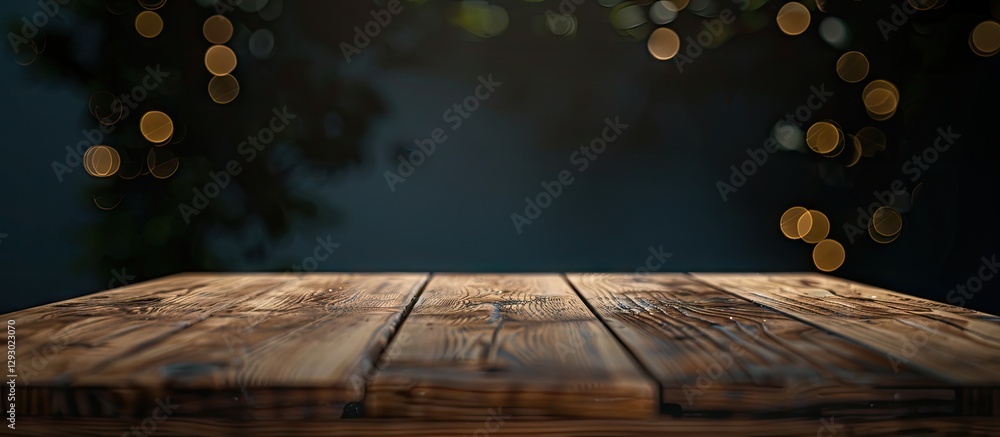 Leinwandbilder rustic wooden table in the foreground with a dark blurred background featuring soft warm bokeh light