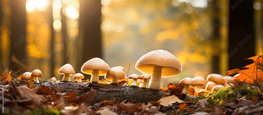 Poster autumn forest scene showcasing clusters of mushrooms in soft focus surrounded by vibrant fallen leav