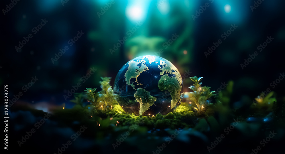 Poster a glowing globe rests amidst lush green foliage, bathed in ethereal light within a dark, natural set