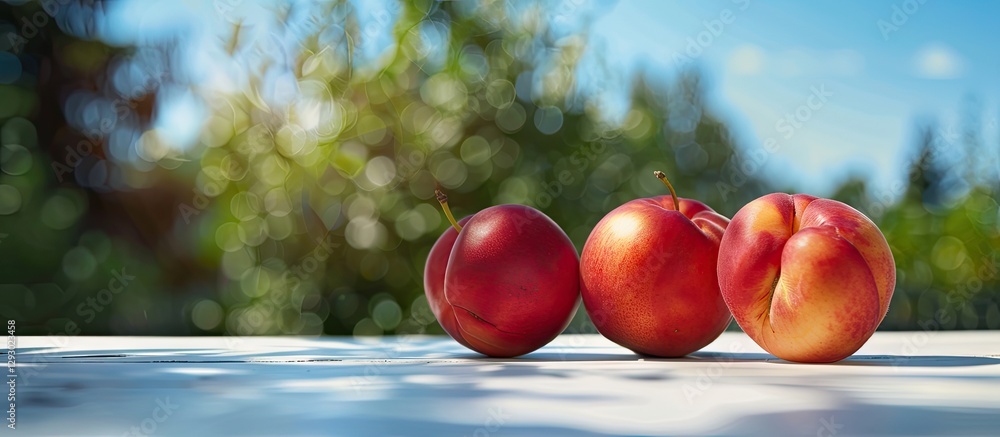 Poster fresh ripe nectarines in various shades of red and yellow arranged on a white surface, with a blurre