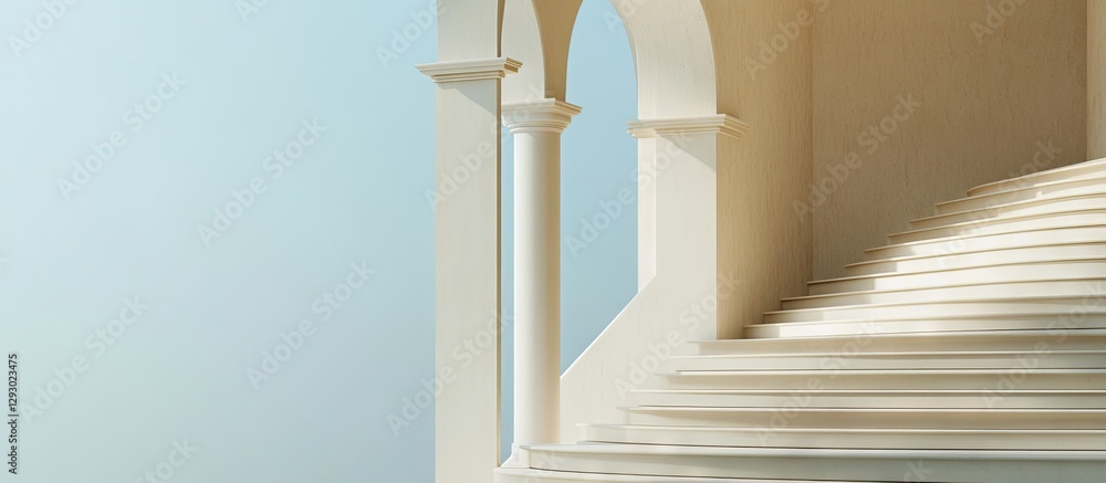 Fototapete minimalist mediterranean architecture featuring soft beige columns and smooth white steps against a 