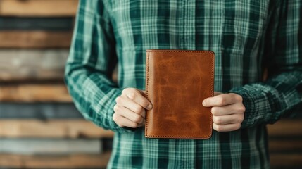 A person examining and selecting a handmade leather wallet showcasing the durability of the artisanal product in an intimate shop setting