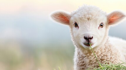 Fototapeta premium Cute Lamb Eating Grass Outdoors, Peaceful Scene