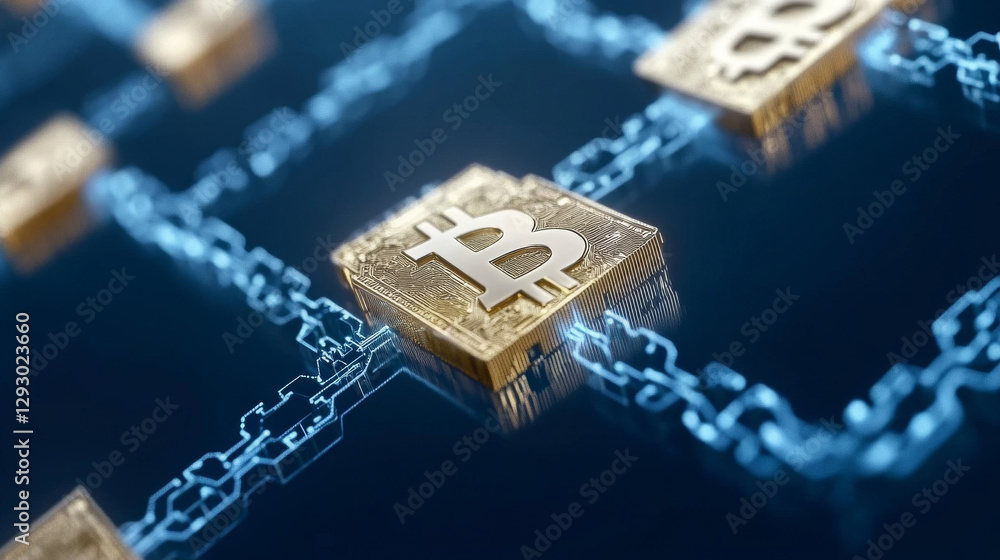 Poster digital currency network with interconnected blockchain and symbols