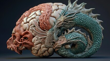 Fototapeta premium A highly detailed 3D brain, half organic and half dragon-like, with intricate nature-inspired textures and mystical lighting.
