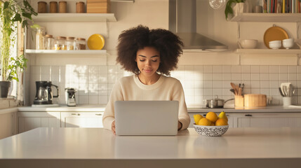 Woman Typing on Laptop in Minimalist Kitchen with Email
