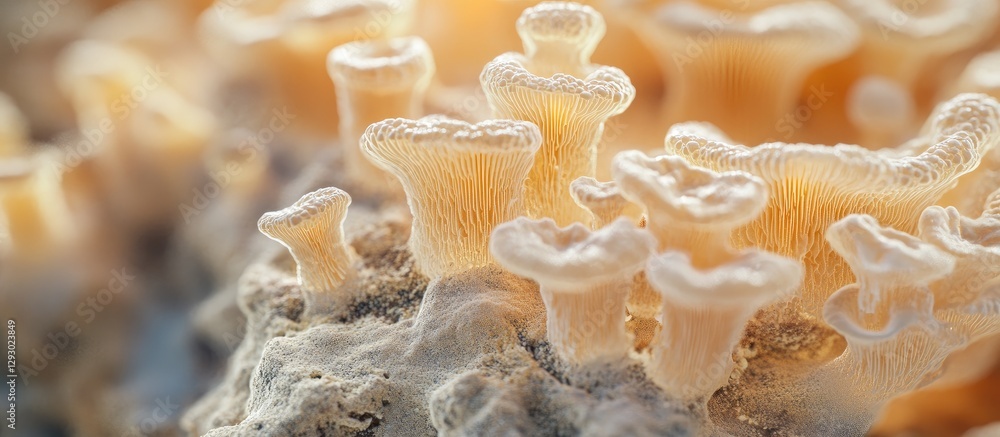 Poster a macro shot of translucent beige mycelium fungi with intricate textures, featuring soft, rounded sh