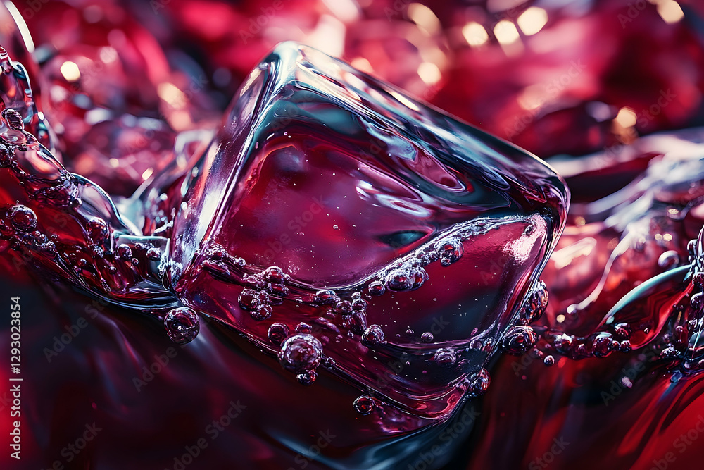 Poster close-up of an ice cube in a red liquid beverage macro shot