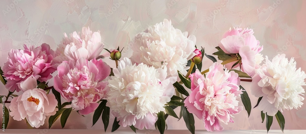 Poster Pink and white peonies elegantly arranged with lush green leaves on a soft light background offering ample copy space for text insertion