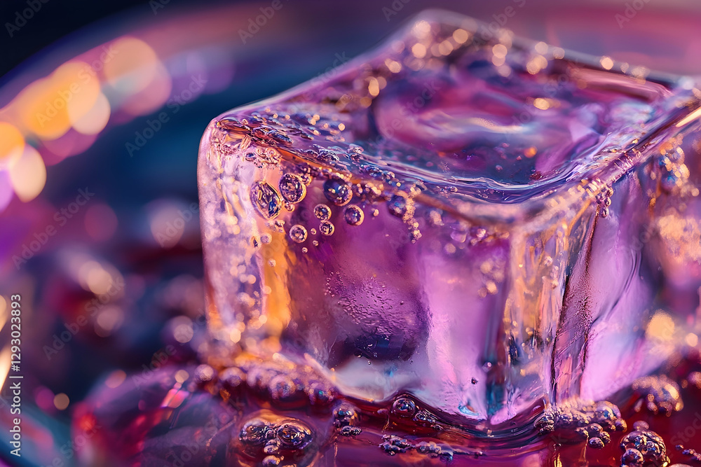 Aufkleber captivating close-up of a vibrant purple ice cube, enhanced by bokeh lights, showcasing bubbles and 