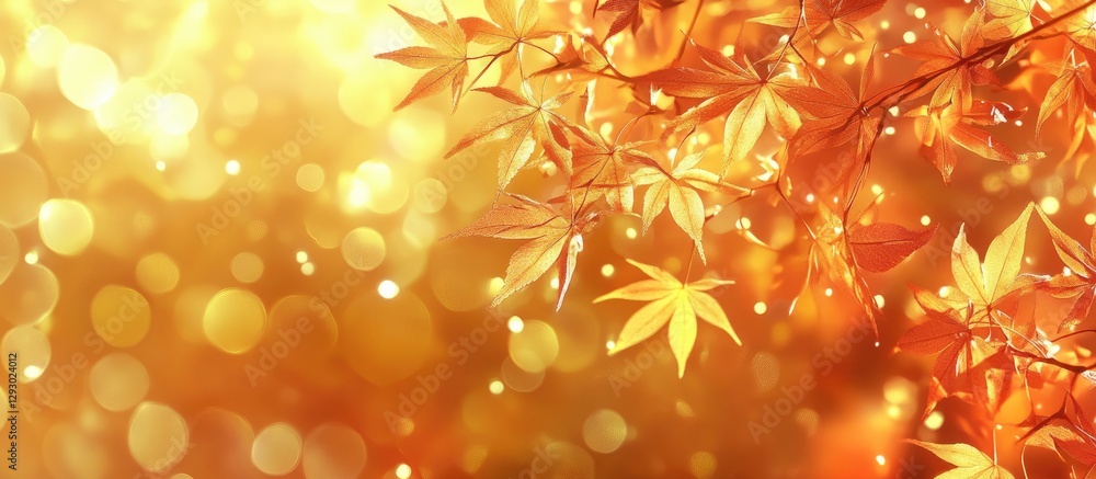 Leinwandbilder Golden autumn background featuring vibrant orange and yellow maple leaves with soft bokeh effect, creating a warm and inviting atmosphere.
