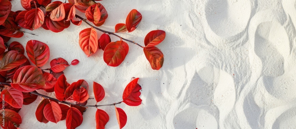Poster vibrant red ketapang leaves scattered in the top left corner of soft white sandy background creating