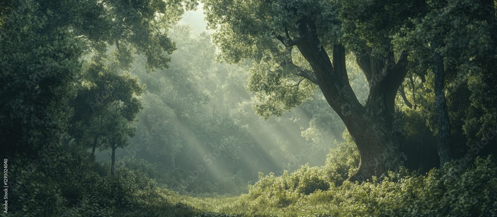 Poster panoramic view of a lush green deciduous forest with sunlight filtering through the trees creating a