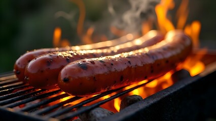 Grilling sausages over an open fire on a barbecue