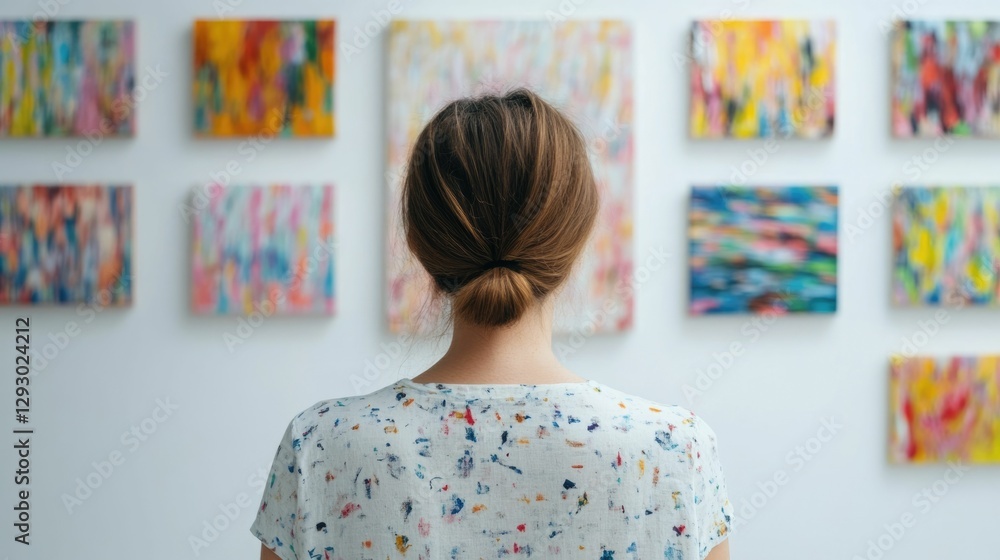 Poster rear view of a woman browsing and selecting an abstract art piece in a modern gallery style store ex