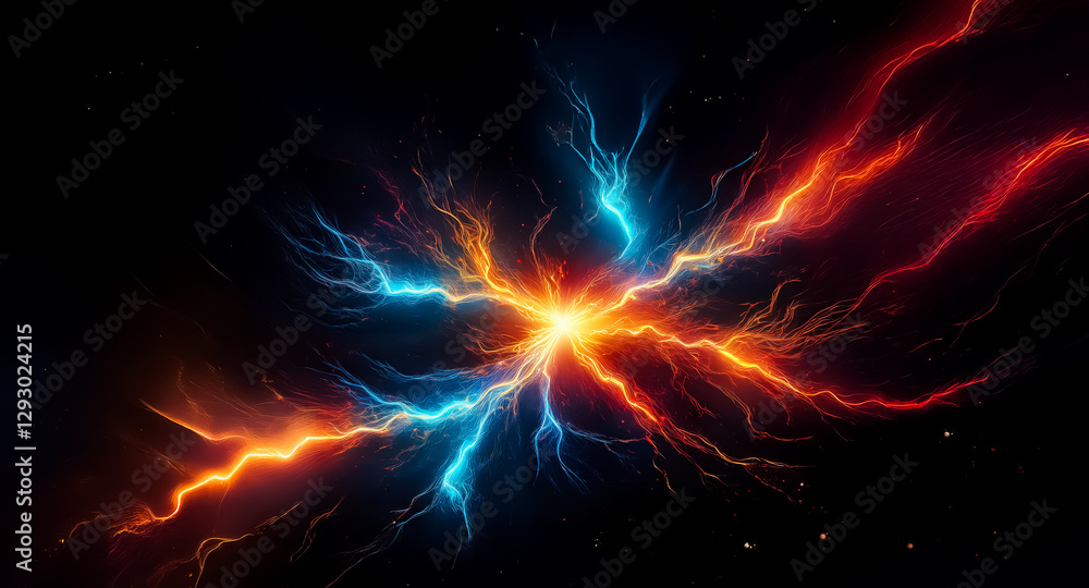 Aufkleber abstract depiction of a central radiant source emitting dynamic red and blue energy streaks against 