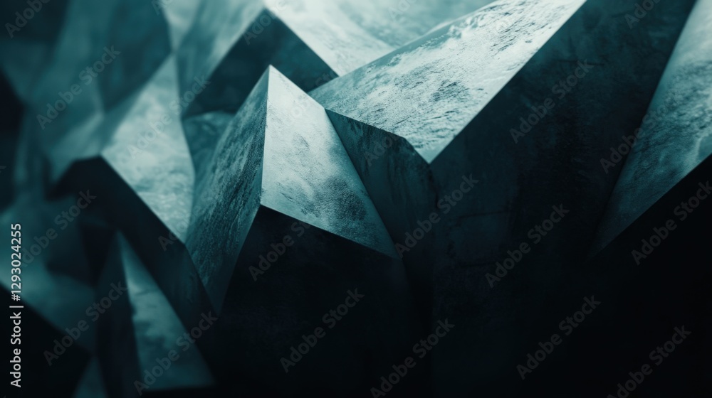 Poster abstract geometric shapes in dark tones creating a textured surface with depth and shadows
