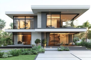Modern two-story house with gray and white color scheme, front view of contemporary home architecture, isolated background.