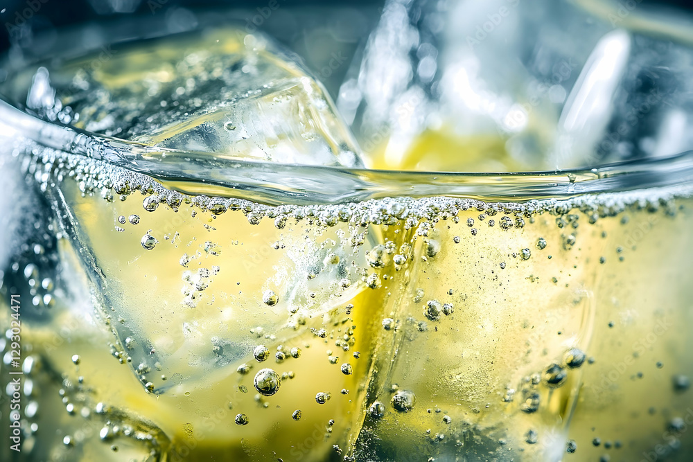 Poster refreshing ice cubes in a glass of sparkling water close up view