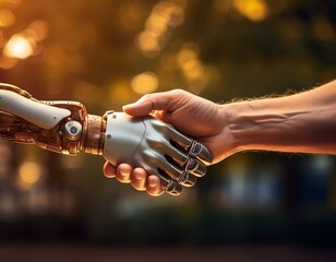 prosthetic hand shaking with normal hand; concept for disabled person