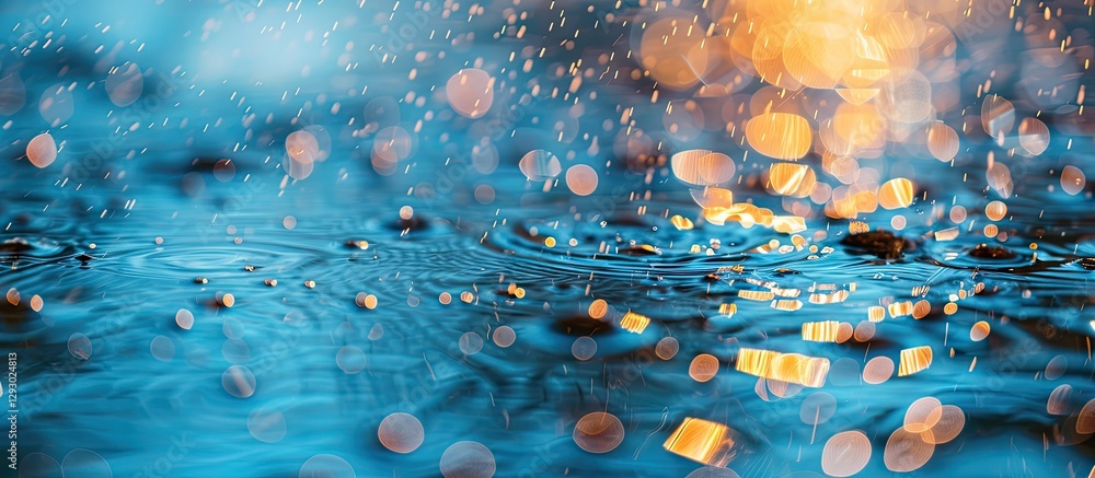 Poster Realistic rain effect overlays with shimmering droplets on a blurred blue water background featuring golden light reflections and gentle ripples.