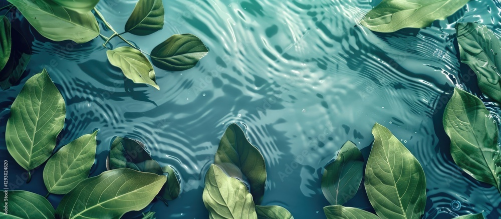 Fototapete serene flat lay of vibrant green leaves floating on tranquil water surface with gentle ripples creat