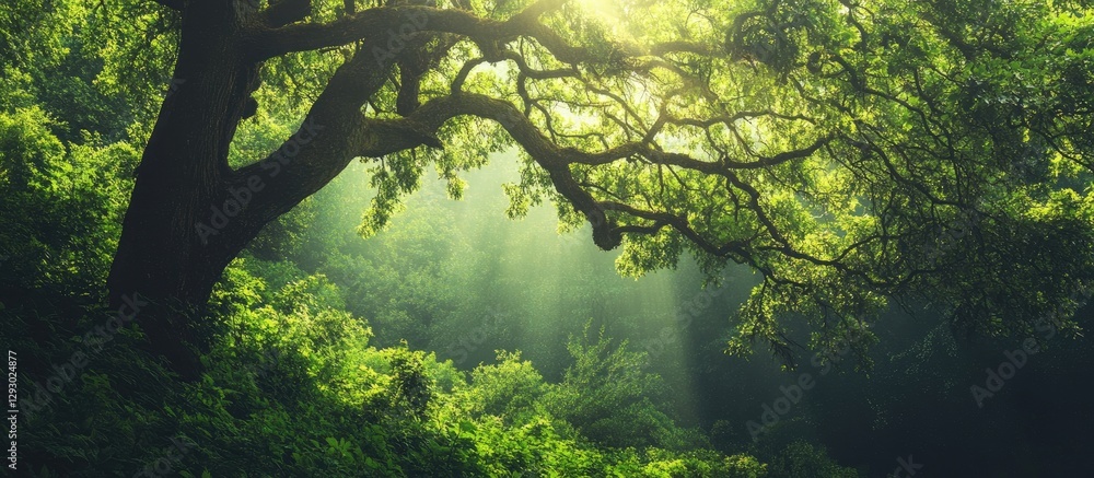 Poster Lush green forest with sun rays filtering through trees on a dark background featuring vibrant foliage and intricate branch details suitable for selection