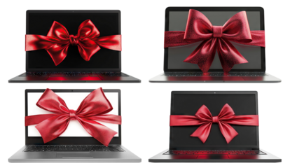 Set of modern laptops wrapped with red ribbon bows, isolated on transparent cutout background