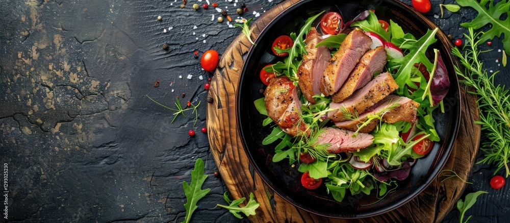 Aufkleber fresh duck breast salad served in a dark bowl with vibrant greens and cherry tomatoes on a rustic wo