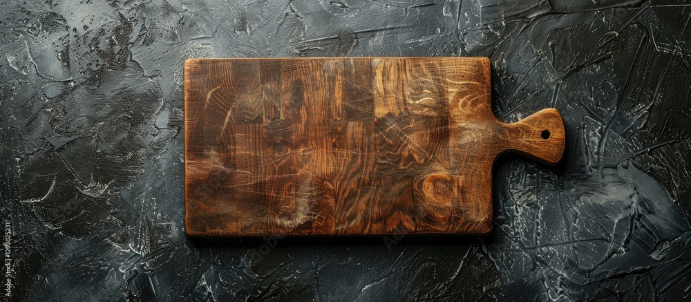 Poster rectangular wooden cutting board positioned centrally with a handle against a dark concrete backgrou