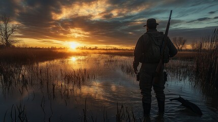 A lone hunter in a flooded marsh, rifle poised, as the sun rises over Colusa, California.