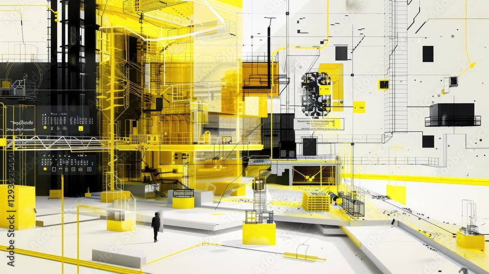 Poster this abstract diagram showcases microservices architecture with vibrant yellow elements. it represen