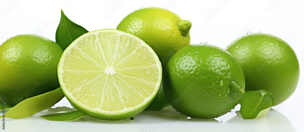 Poster fresh green limes with leaves on a bright white background featuring a halved lime in the foreground