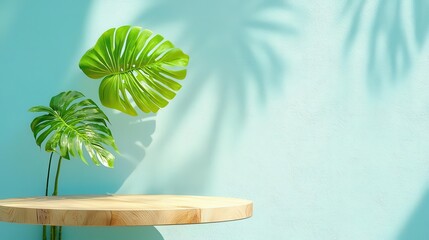 Monstera leaves casting shadows on a light blue wall with a wooden table.