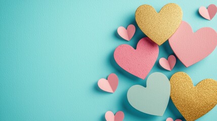 Heart-shaped decorations in pink, gold, and light blue arranged on a blue background.
