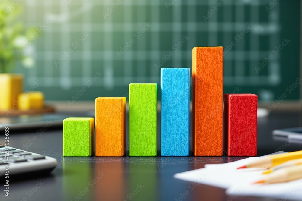 Poster colorful wooden bar chart blocks on table in classroom background.