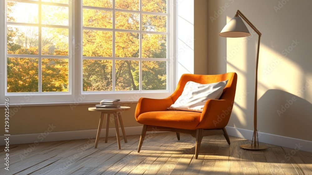 Poster a cozy corner of a living room with a comfy armchair, a small side table, and a floor lamp, creating