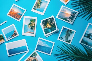 Fototapeta premium Creative digital picture gallery on blue background. Photo album and media technology concept