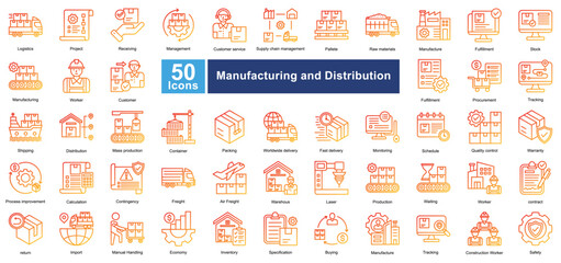 Manufacturing and Distribution icon set in Line Gradient style, covering logistics, supply chain, production, and shipping. Perfect for industry, warehouses, and business operations.