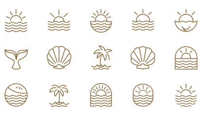 Bohemian Linear Logos and Icons with Ocean, Beach, and Surfing Elements