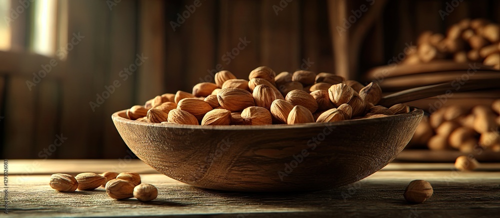 Aufkleber wooden bowl filled with assorted nuts on a rustic wooden table with soft natural lighting highlighti