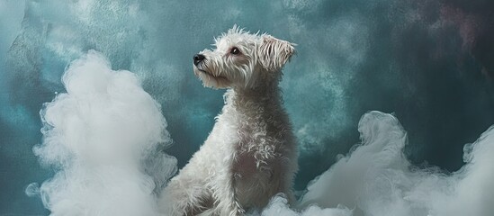 White fluffy dog sitting against a dreamy dark blue and teal background with soft gray clouds surrounding it creating a whimsical atmosphere