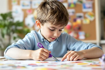 Young boy focused on craft activity with scissors in light classroom background.