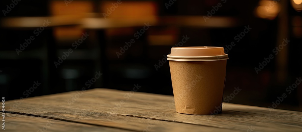 Poster Warm brown coffee cup on a rustic wooden table with a softly blurred cozy cafe background featuring warm lighting and inviting ambiance.