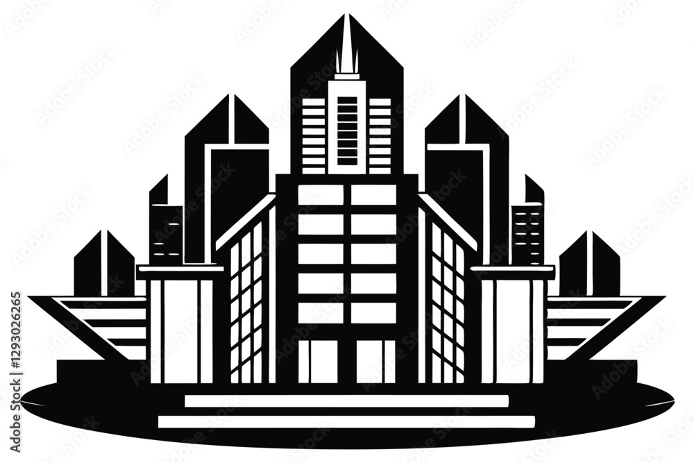 Poster a striking black and white city skyline design highlights contemporary buildings with sharp angles, 