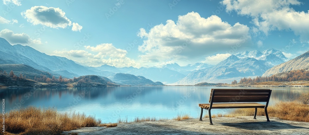 Aufkleber Serene lake view from a deserted shore with an empty wooden bench foreground tranquil mountains in the background under a blue sky with soft clouds