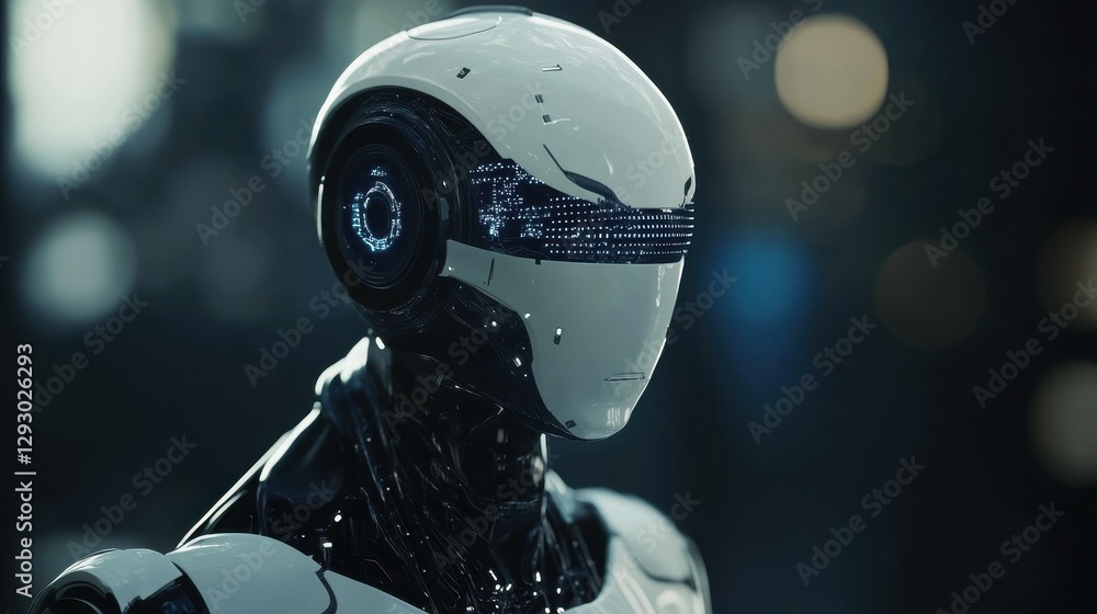 Poster this image showcases a futuristic robot head featuring a sleek design and illuminated features. perf